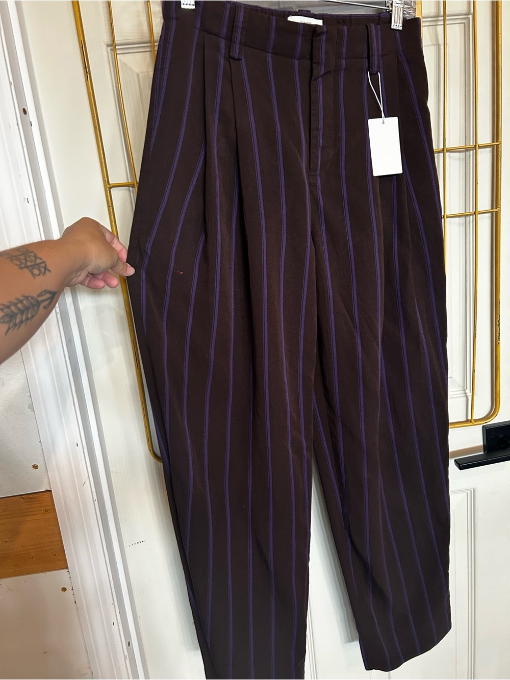 Vince Brown Pinstripe Dress Pants with Purple Stripe